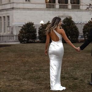 Meshki White Satin One-Shoulder Maxi Dress